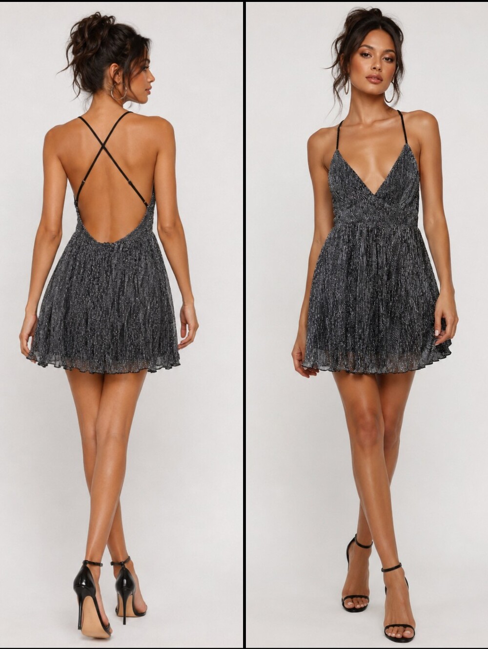 Lulus Womens Metallic Charcoal Criss-Cross Straps V-Neck Mini Dress Size M - Picture 1 of 9